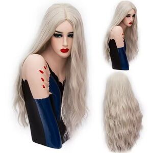 28” Long Wavy Platinum Blonde Wig Synthetic Heat Resistant